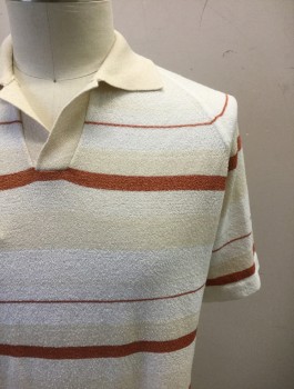 N/L, Cream, Rust Orange, White, Nylon, Stripes - Horizontal , Knit, Short Sleeves, Collar Attached,