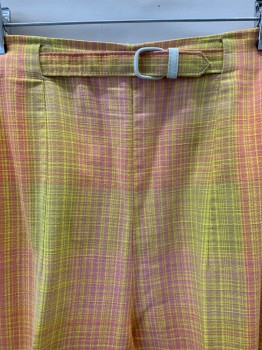 JOAN OF ARC, Coral Pink, Yellow, Cotton, Plaid, High Waisted, Side Zipper, 2 Pockets, Slit at Hem, Pegged, Little Staining Right Butt Cheek, Small Hole Right Hip