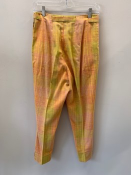 JOAN OF ARC, Coral Pink, Yellow, Cotton, Plaid, High Waisted, Side Zipper, 2 Pockets, Slit at Hem, Pegged, Little Staining Right Butt Cheek, Small Hole Right Hip