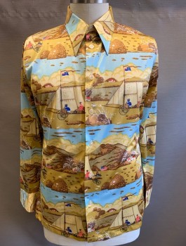 CAMPUS, Multi-color, Brown, Lt Blue, Tan Brown, Polyester, Novelty Pattern, Colonial 1700's Landscape Pattern with People in Carriages, American Flags, Etc, Long Sleeves, Button Front, Collar Attached, Bicentennial Patriotic Flair,