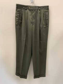 YSL, Dk Olive Grn, Polyester, Wool, Side Pockets, Zip Front, Pleated Front, Cuffed