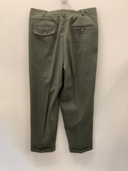 YSL, Dk Olive Grn, Polyester, Wool, Side Pockets, Zip Front, Pleated Front, Cuffed