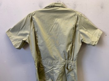 DICKIES, Tan Brown, Poly/Cotton, Solid, S/S, Zip Front, Collar Attached, Elastic at Sides of Waist, 6 Pockets: 2 on Chest, 2 at Sides, 2 in Back