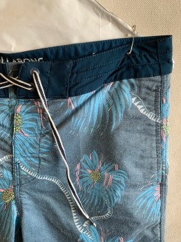BILLABONG, Teal Blue, Dusty Blue, Dusty Pink, Poly/Cotton, Elastane, Tropical , Color Blocking, Drawstring/Lace Up Waistband, 3 Pockets