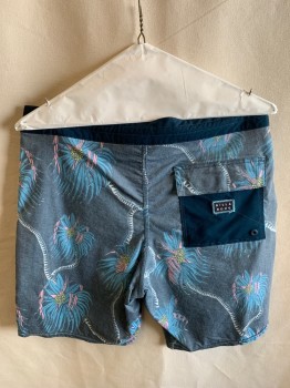 BILLABONG, Teal Blue, Dusty Blue, Dusty Pink, Poly/Cotton, Elastane, Tropical , Color Blocking, Drawstring/Lace Up Waistband, 3 Pockets