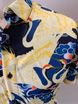 TOPMAN, Yellow, Blue, Navy Blue, Rust Orange, Viscose, Tropical , Short Sleeves, Button Front, 7 Buttons, Crane and Cloud Print