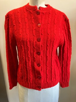 HELEN SUE, Red Acrylic Cable Knit Cardigan, L/S, CN,