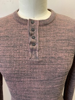 KENNINGTON, Dk Gray, Mauve Pink, Acrylic, Heathered, Henley Shirt, L/S, Crew Neck, 4 Buttons, Ribbed, Funky & Groovy Threads