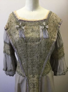 N/L, Gray, Beige, Slate Gray, Silk, Floral, Solid, Beige Net with Floral Embroidery Center Panel/Waistband/Trim, Pleated Gray Chiffon Sleeves, Opaque Gray Silk Skirt/Bottom Half, 3/4 Flared Sleeves, Square Neck, Silver/Gray/Beige Tassles (2) at Bust, Similar Tassles at Center Back Waist,  Cream Sheer Ruffle at Bust, Made To Order Reproduction  **Has Stains Near Hem of Skirt and Underarms,