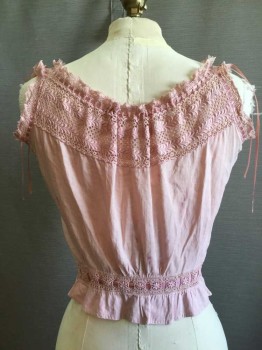Rose Pink, Cotton, Lace Yoke with Ribbon Lacing At Neckline, Sleeveless, Ribbon Lacing At Eyelet Lace Waist. Tuck Pleat Detail At Front & Floral Embroidery