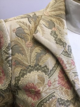 TALBOTS, Khaki Brown, Gold, Pink, Olive Green, Cotton, Polyester, Floral, Paisley/Swirls, Gold Flecked Jacquard, Open Front, C.A., L/S, 2 Pckts, Hem at Knee