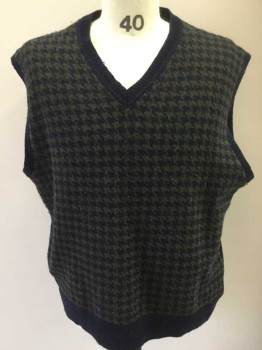 BROOKS BROTHERS, Navy Blue, Green, Brown, Wool, Sweater Vest, Oversized Houndstooth Front, Solid Navy Back, Solid Navy Ribbed Knit Collar/Armhole/Waistband