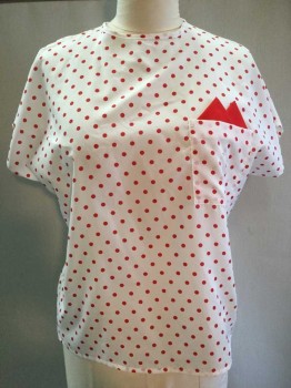 NO LABEL, White, Red, Polyester, Polka Dots, Crew Neck, Short Sleeve,  Pocket with Red Faux Pocket Square, White with Red Polka Dots
