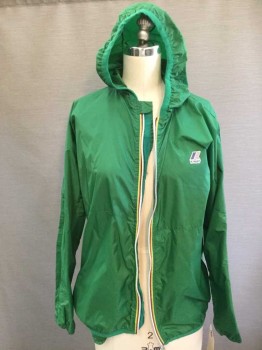 Green, Orange, Lime Green, Black, Polyester, Windbreaker; Thin Multiple Color Stripes By Zip Front  Hoodie Attached Side Left Logo "KWAY"