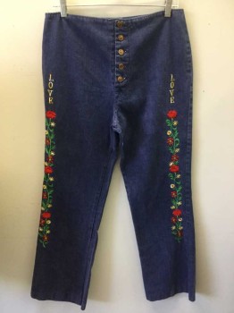 N/L, Blue, Cotton, Heathered, Heather Blue Denim, Flat Front, 5 Red W/gold Trim Button Front, Red/green,yellow, Cream  Embroidery Flower and "LOVE" on Both Legs