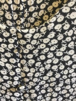 S.ROBERTS, Black, Cream, Rayon, Floral, Tiny Flowers, Short Sleeve,  Scoop Neck, 2 Self Covered Decorative Buttons at Center Front, Pleated Waist, Self Belt Ties Attached at Waist, Center Back Zipper, Early 1990's