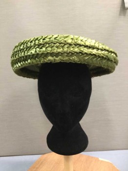 LITTLER, Dk Olive Grn, Straw, Solid, Flat Circle Straw Hat, 2 Hair Clips Attached