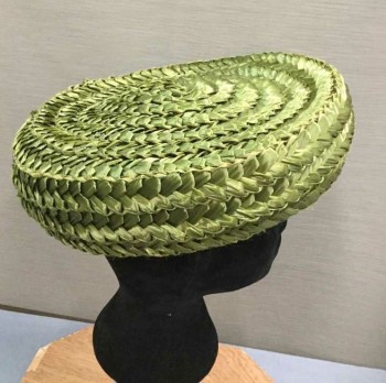 LITTLER, Dk Olive Grn, Straw, Solid, Flat Circle Straw Hat, 2 Hair Clips Attached