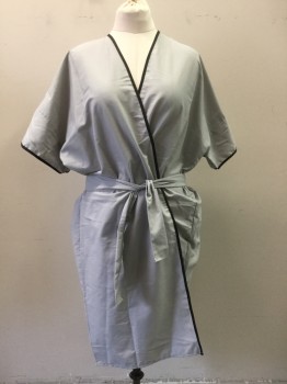 BETTY DAVIS, Lt Gray, Poly/Cotton, Solid, with Black Trim, Short Sleeves, Open Front with Self Belt