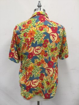 H RANCH MARKET, Yellow, Hot Pink, Orange, Black, Gray, Acrylic, Floral, Bright Multi Floral Pattern Print, Button Front, Short Sleeves, Collar Attached, Pocket