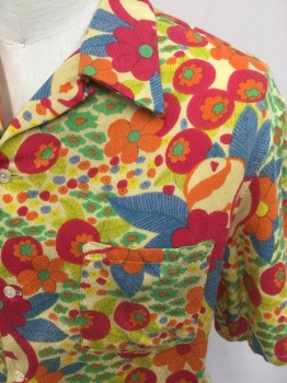 H RANCH MARKET, Yellow, Hot Pink, Orange, Black, Gray, Acrylic, Floral, Bright Multi Floral Pattern Print, Button Front, Short Sleeves, Collar Attached, Pocket