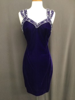 ROBERTA, Purple, Rayon, Beaded, Solid, Velvet with Silver/ Blue Beaded Detail Around Front Neckline and Front Straps, 1"  Double Shoulder Straps, Knee Length , Fitted, Zipper Back