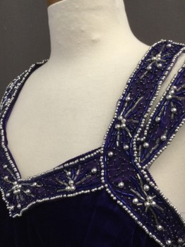 ROBERTA, Purple, Rayon, Beaded, Solid, Velvet with Silver/ Blue Beaded Detail Around Front Neckline and Front Straps, 1"  Double Shoulder Straps, Knee Length , Fitted, Zipper Back