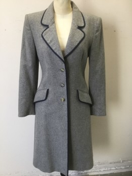 JAEGER, Heather Gray, Navy Blue, Wool, Solid, Navy Trim/Edging at Rounded Notched Lapel, 2 Flap Pockets, Single Breasted, 3 Buttons, Knee Length, Padded Shoulders, Peach Silk Lining,
