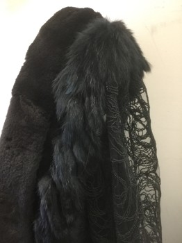 N/L MTO, Black, Polyester, Fur, Slub Textured Polyester, with Sheer Net Long Sleeves with Swirled Appliques, Open at Center Front with Black Fur Edging, Black Fur Tassles Around Neck, Large Slits at Side Seams, Floor Length Hem, Made To Order
