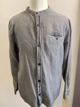 ZARA, Lt Gray, Cotton, Solid, Basket Woven, Aged/Distressed,  Long Sleeves, Button Front, Collar Band, 1 Pocket, Double,