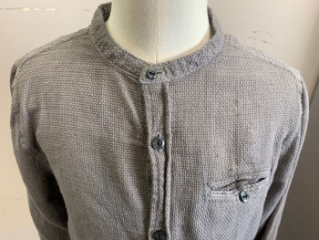 ZARA, Lt Gray, Cotton, Solid, Basket Woven, Aged/Distressed,  Long Sleeves, Button Front, Collar Band, 1 Pocket, Double,