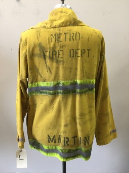 TRANSON MFG, Yellow, Nomex, Solid, Long Sleeves, Velcro Closure, 4 Pockets, 3m Segmented Trim, Aged, "Metro Fire Dept.", "Martin"