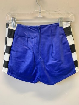 SHAMEES, Royal Blue, Black, White, Leather, Solid Royal Blue with Black & White Checkered Sides, High Waisted, 1.5" Inseam, Invisible Zipper at Center Back, **Slightly Worn at Waist