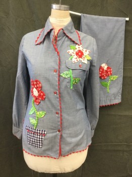 CATHERINE CARR, Denim Blue, Red, Green, White, Navy Blue, Polyester, Cotton, Solid, Chambray Blouse, Red Button Front, Rickrack Trim, Pointy Collar Attached, 1 Pocket, Multiple Patterned Fabric Attached in Flower and Butterfly Pattern
