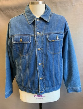 LEE, Denim Blue, Cotton, Polyester, Solid, Jean Jacket, Medium Blue Denim with Tan Top Stitching, 6 Button Front, Collar Attached, 4 Pockets, Cream Fleece Lining