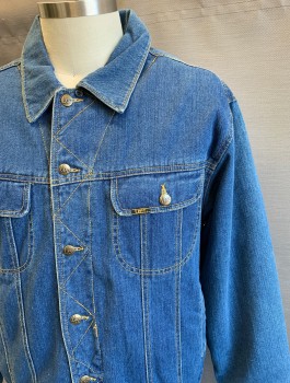LEE, Denim Blue, Cotton, Polyester, Solid, Jean Jacket, Medium Blue Denim with Tan Top Stitching, 6 Button Front, Collar Attached, 4 Pockets, Cream Fleece Lining