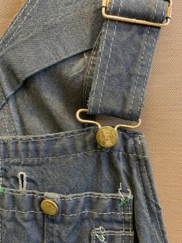 BIG SMITH, Charcoal Gray, Cotton, Solid, Denim, Workwear, White Top Stitching, Gold Buttons with Logo Embossed, Carpenter Loop at Back Hip, Paint Splatters