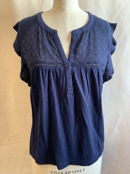 STYLE & CO., Navy Blue, Cotton, Solid, Knit, 3 Button Front, Eyelet Yoke, Ruffle Cap Sleeve