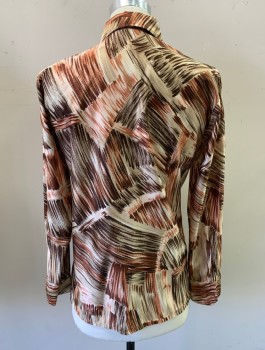 KAROLL'S, Beige, Rust Orange, Brown, Cream, Nylon, Abstract , Streaks/Lines Pattern, Qiana Nylon, Long Sleeves, Button Front, Rust Square Buttons, Collar Attached, 1 Patch Pocket, **Barcode Underneath Placket