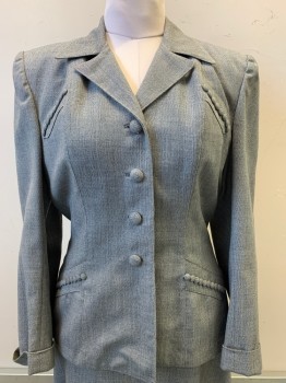 Geyermans, Gray, White, Wool, 2 Color Weave, L/S, Button Front, Peaked Lapel, Fabric Cover Buttons on Bust and Waist, *Multiple Yellow Stains