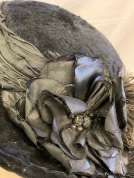 N/L, Black, Beaver, Silk, Wide Brim, Silk Band with 3D Flowers, Black Ostrich Feathers, Black Jet Beads,