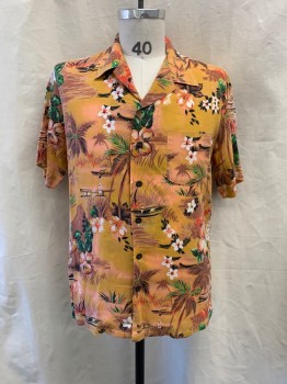 KENNINGTON, Ochre Brown-Yellow, Brown, White, Black, Green, Polyester, Rayon, Tropical , Collar Attached, Button Front, Short Sleeves