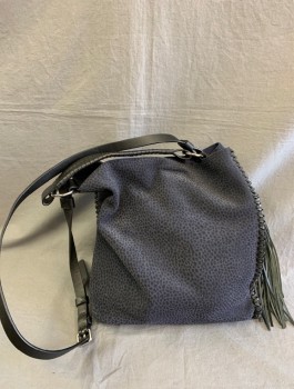 ALL SAINTS, Midnight Blue, Black, Leather, Spots , Rectangular Shape, Black Leather Handle with Fringed Tassle, No Closure/Open, No Lining