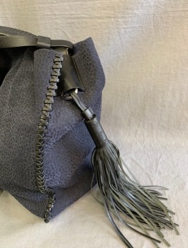 ALL SAINTS, Midnight Blue, Black, Leather, Spots , Rectangular Shape, Black Leather Handle with Fringed Tassle, No Closure/Open, No Lining