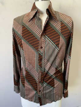 QUINESSA, Brown, White, Forest Green, Black, Nylon, Geometric, Qiana Shirt, Long Sleeves, Button Front, Collar Attached, Disco