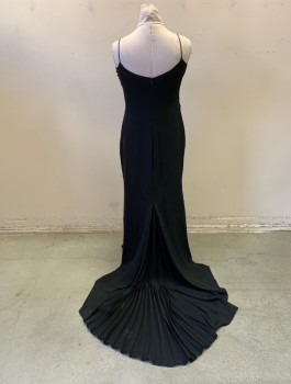 BADGLEY MISCHKA, Black, Acetate, Nylon, Solid, Horizontal Fortuny Pleat Top Gathered at Beaded Center Front Ring. Spaghetti Straps, Zip Back, Train with Pleated Center Panel, Stained Back with Hem Coming Undone (Size 12 Inside Dress, Altered Straps and Bust)