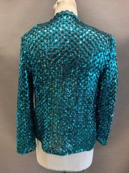 THREE FLAGS, Turquoise Blue, Acrylic, All Over Sequins, Knit, Open Front, L/S