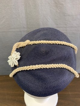 NOREEN FASHIONS, Navy Blue, Cream, Straw, Circular Disc Shaped Cap with Cream Beaded Rope Detail Attached with White Seed Beaded Flower