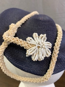 NOREEN FASHIONS, Navy Blue, Cream, Straw, Circular Disc Shaped Cap with Cream Beaded Rope Detail Attached with White Seed Beaded Flower