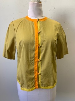 Saks Fifth Ave, Gold, Orange, Yellow, Cotton, Polyester, Color Blocking, S/S, Crew Neck, Button Front,